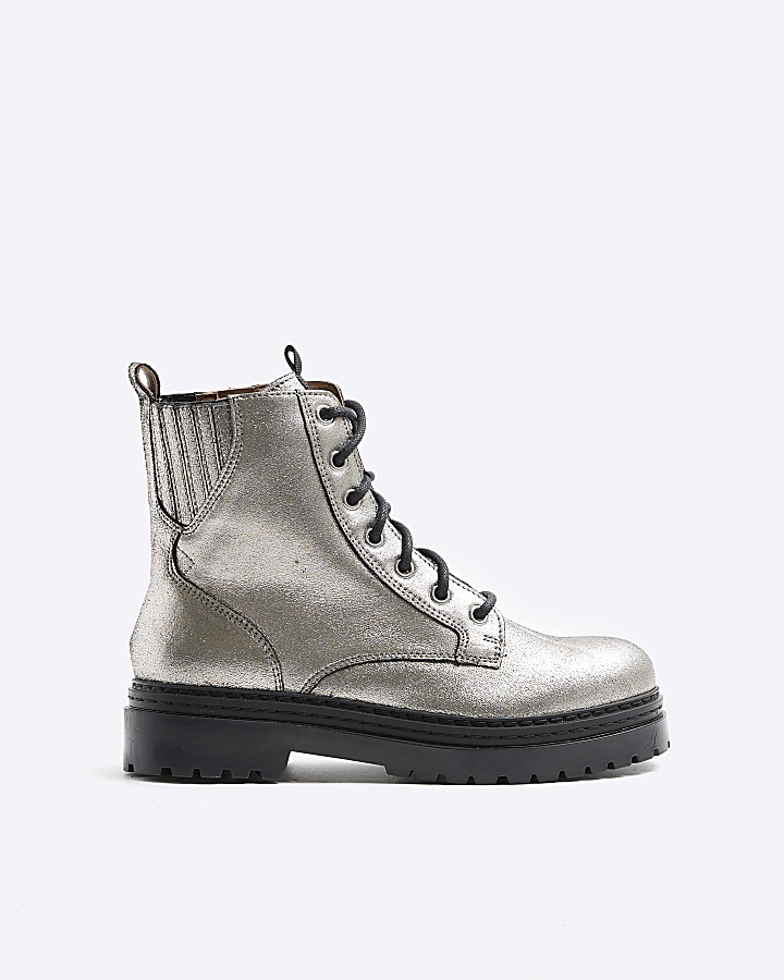 Silver Leather metallic lace up boots