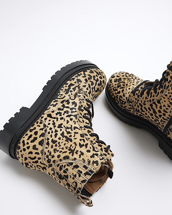 Brown leather leopard print lace up boots
