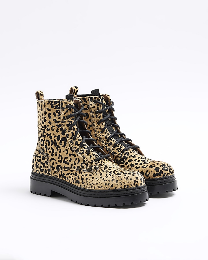 Brown leather animal print lace up boots | River Island
