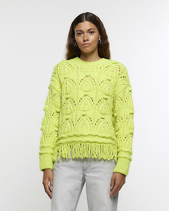 Yellow cable knit fringe jumper