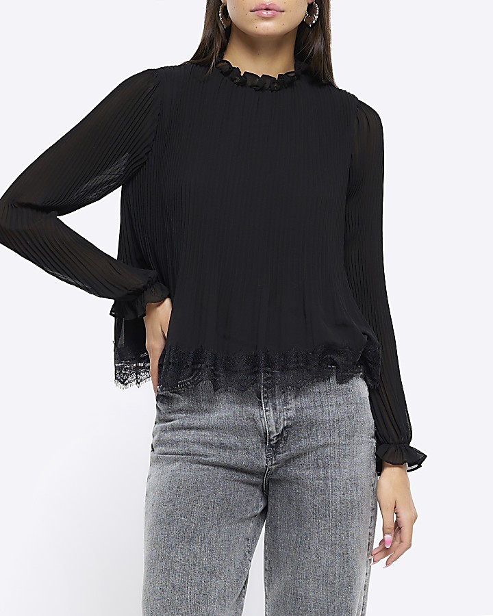 Lace Trim Long Sleeve Top Black