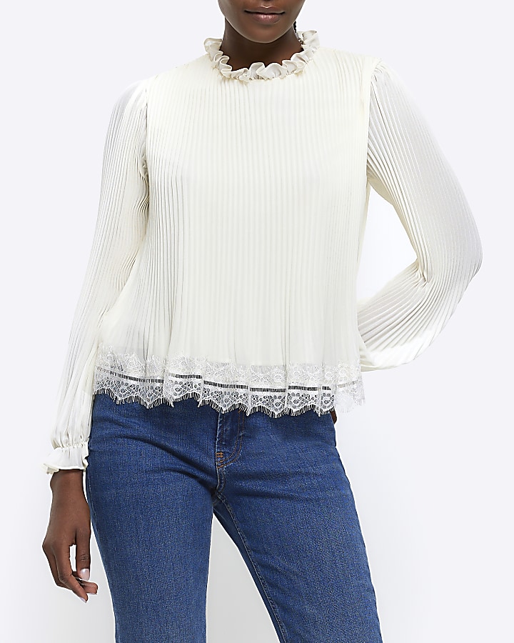 Cream lace trim long sleeve top