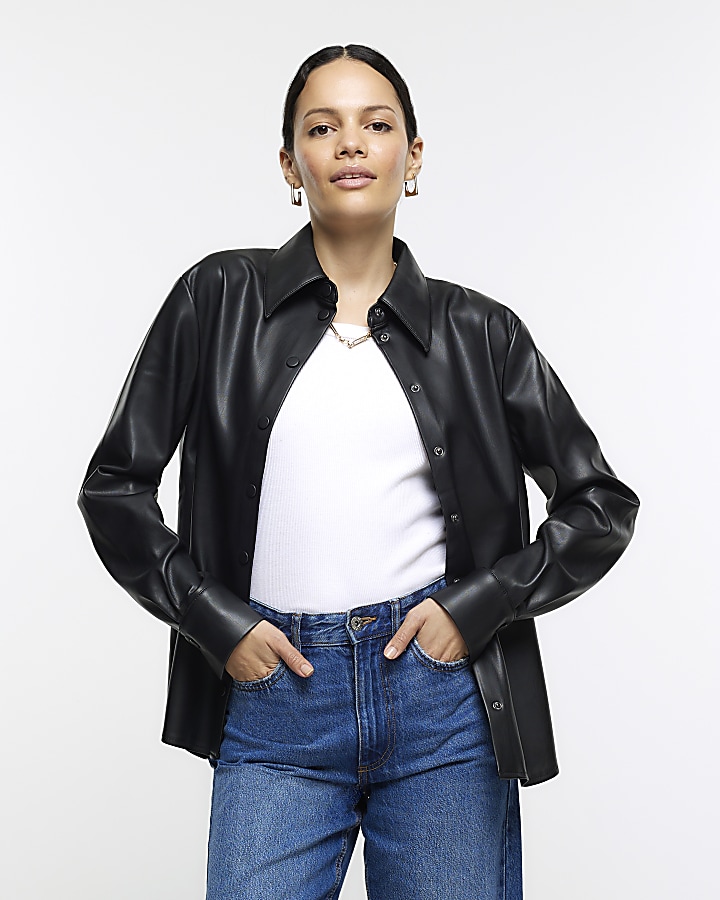 Black faux 2025 leather shirt womens