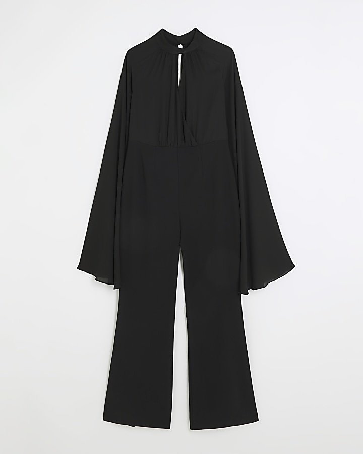 Black cape wide leg jumpsuit