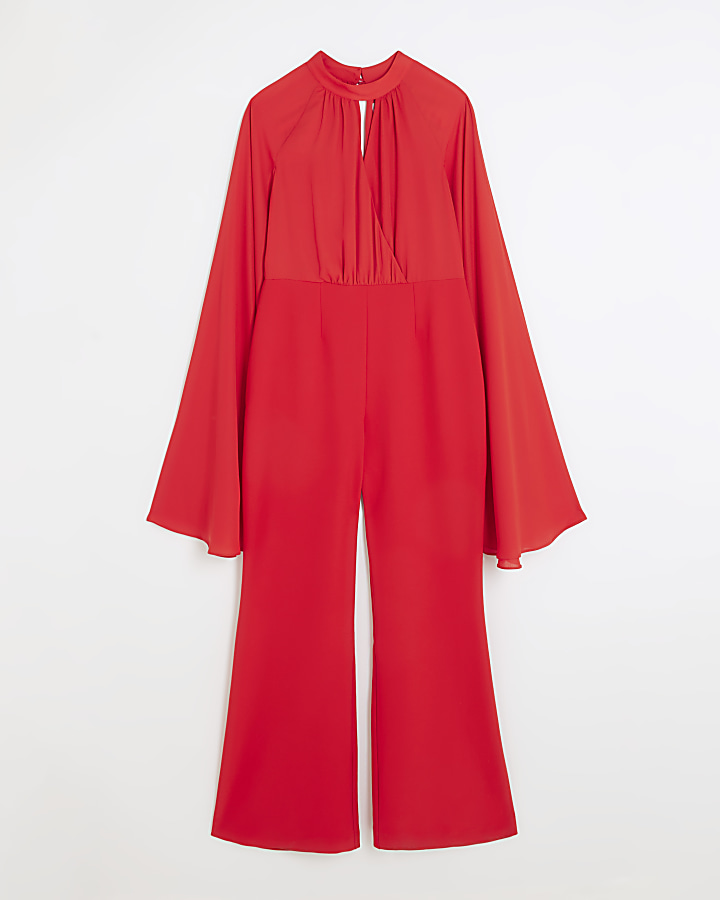 Red cape wide leg jumpsuit