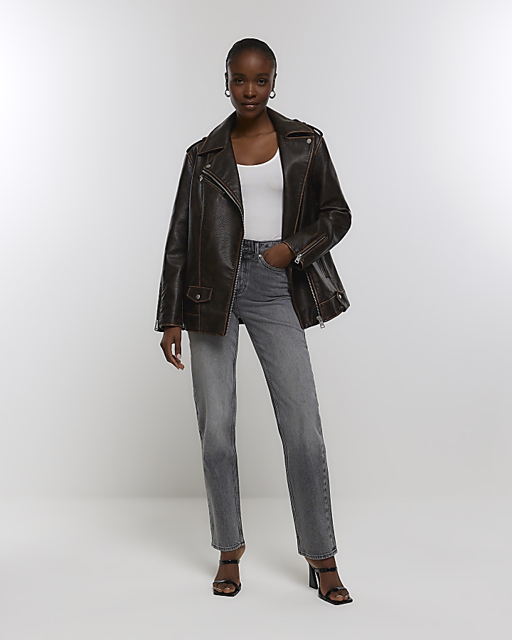 Grey faded high waisted stove straight jeans | River Island