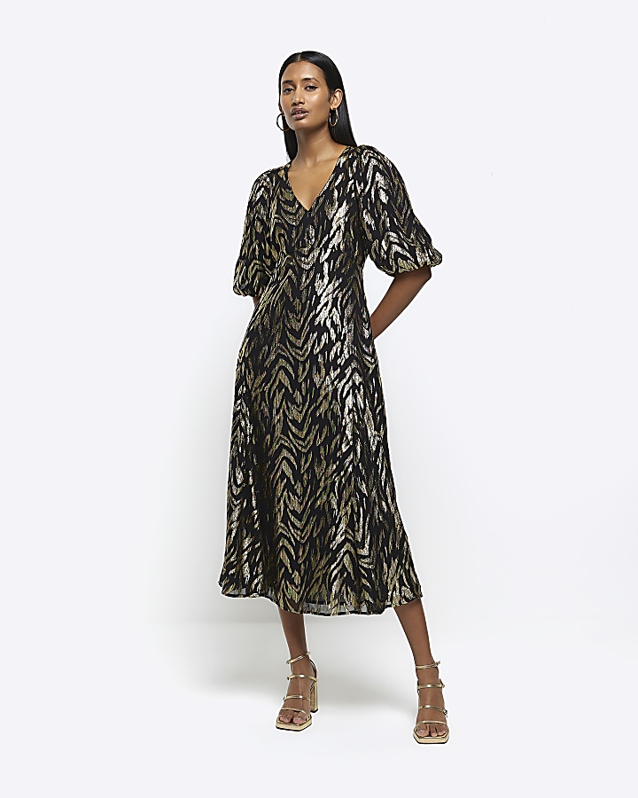 Black Metallic animal print midi dress