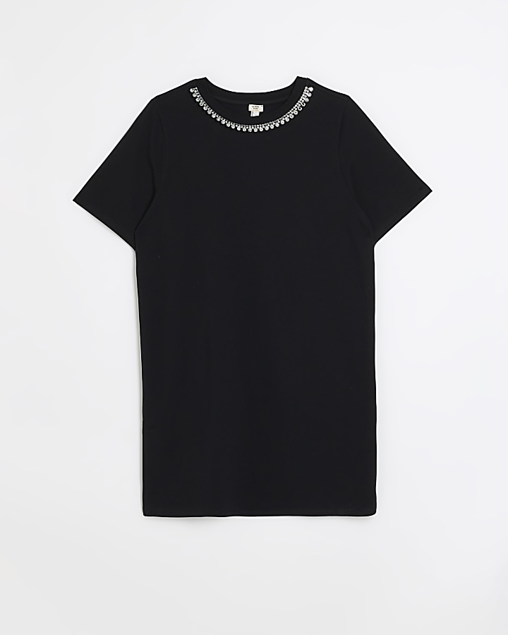 Black diamante trim tshirt mini dress River Island