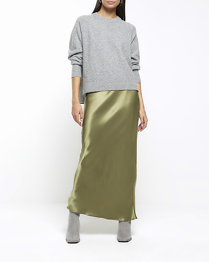 Khaki satin maxi skirt