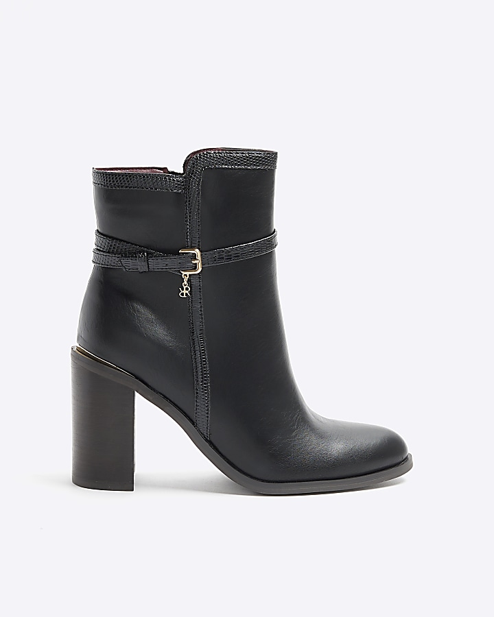 Black buckle heeled boots | River Island