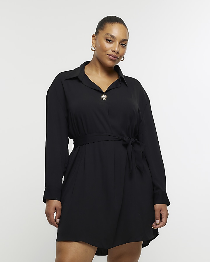 Plus black belted mini shirt dress | River Island