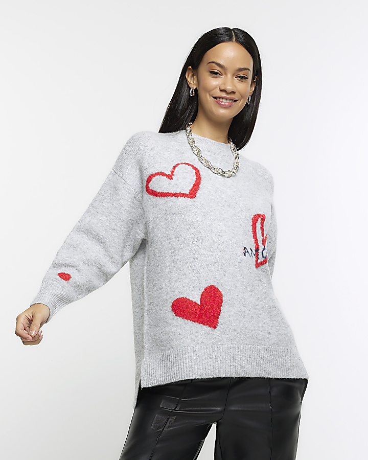 Grey heart jumper | River Island