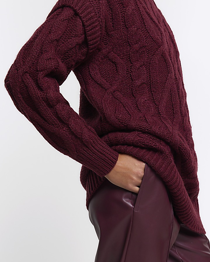 Red cable knit roll neck jumper