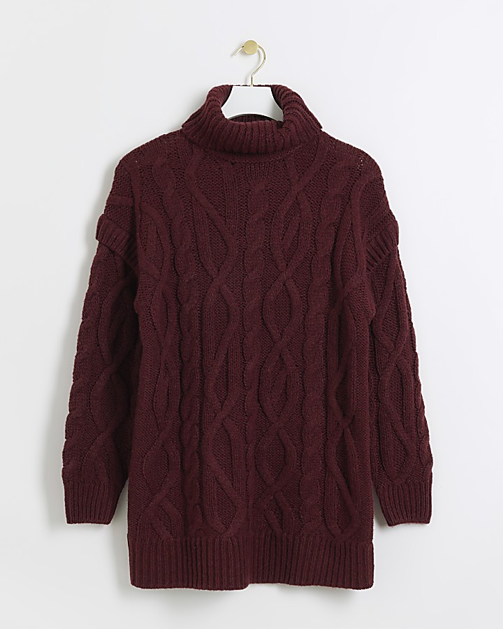 Red cable knit roll neck jumper