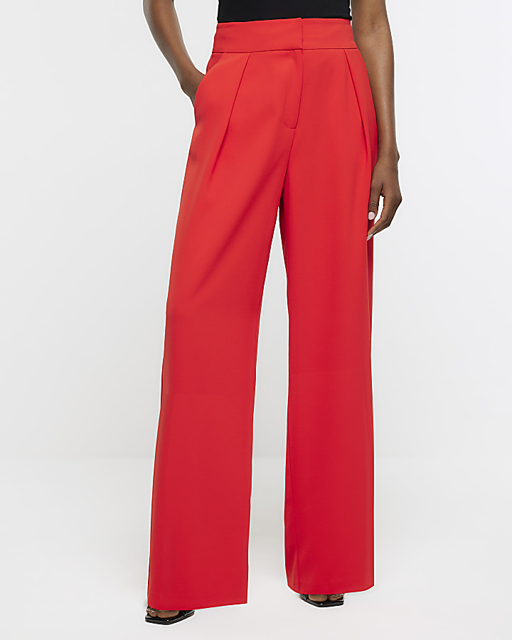 Red pleated wide leg trousers | River Island