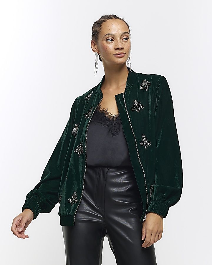 River island green leather jacket sale