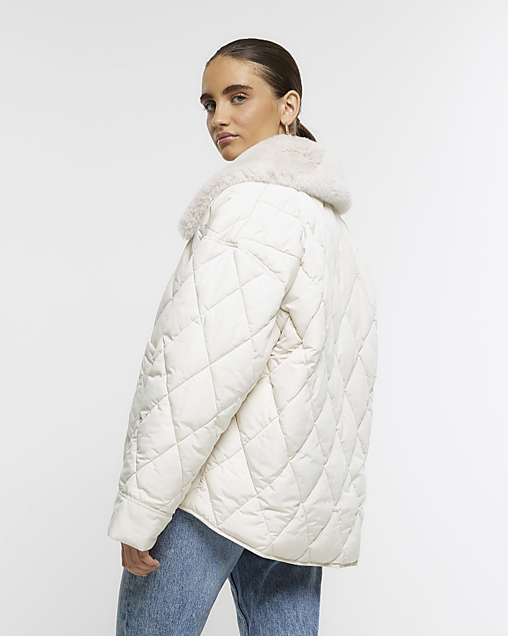 Cream faux fur collar padded jacket River Island