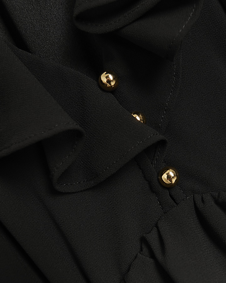 Black frill plisse sleeve swing midi dress