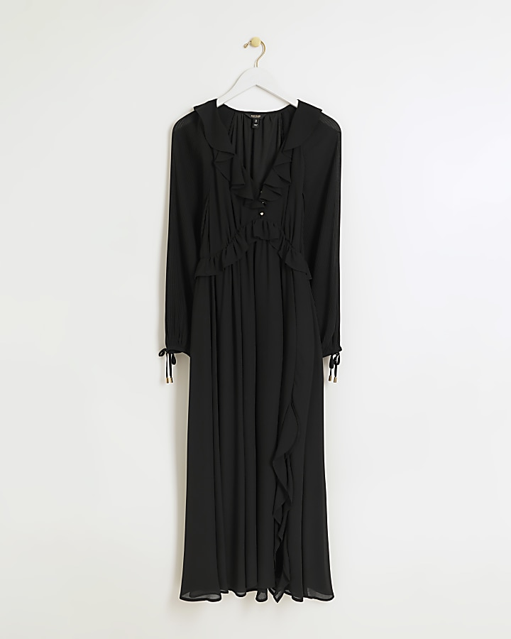 Black frill plisse sleeve swing midi dress