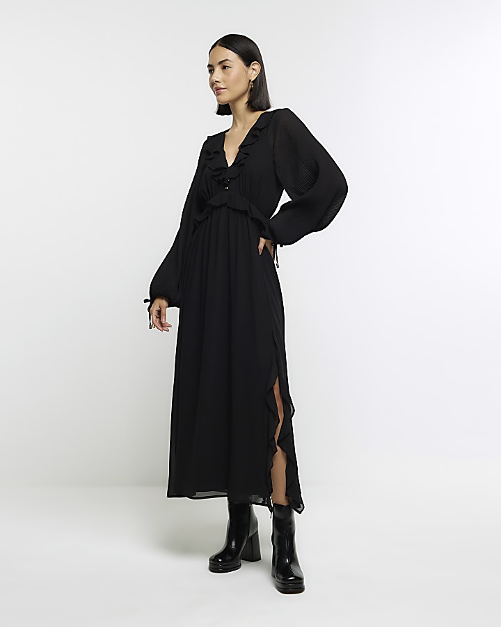 Black frill plisse sleeve swing midi dress