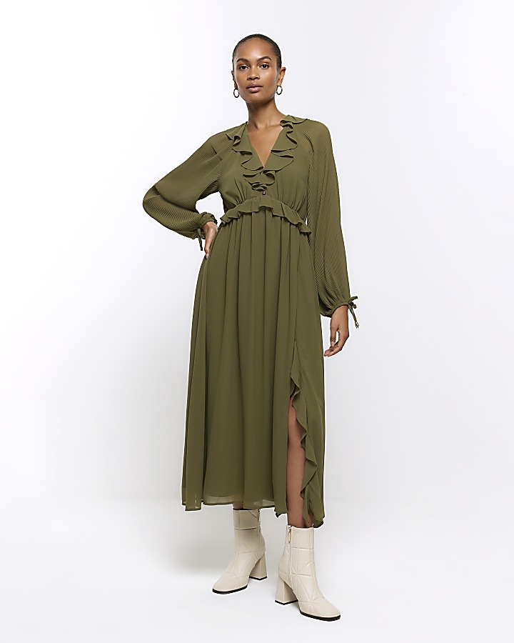 Khaki frill plisse sleeve swing midi dress