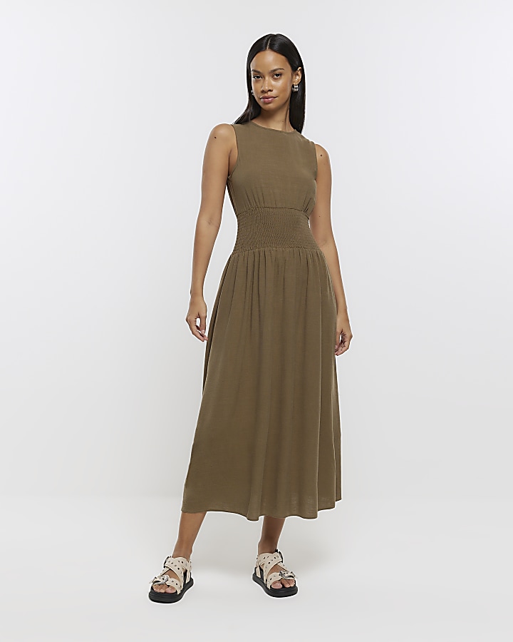 Victoria Shirred Waist Dress — Khaki Zig Zag Geo