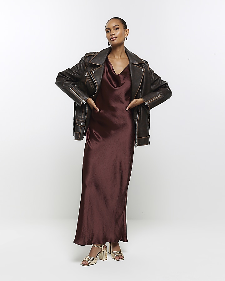 Brown satin halter neck maxi slip dress