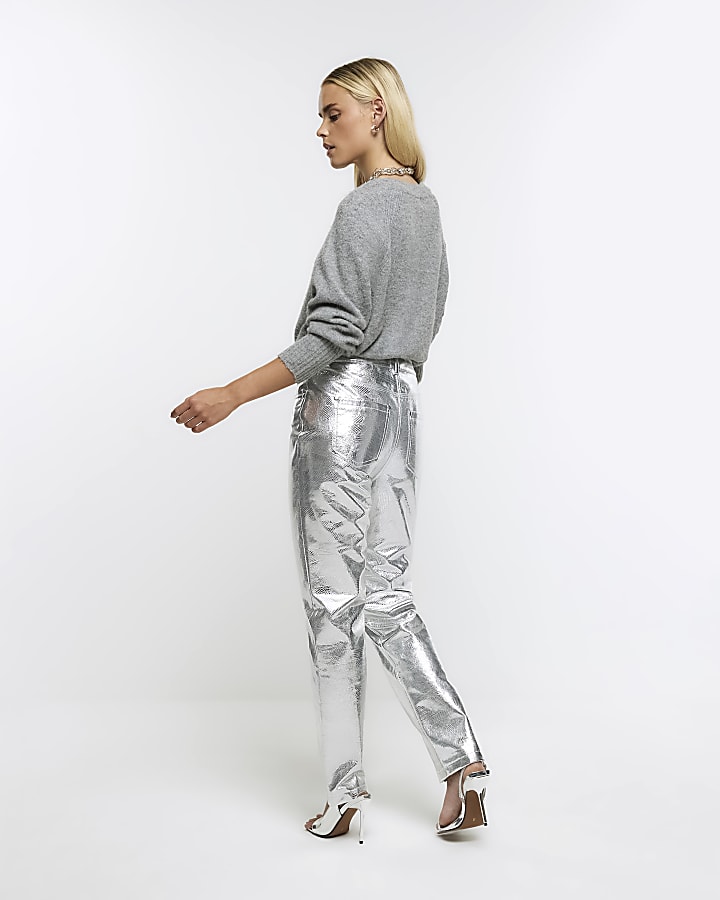 Petite silver metallic straight leg trousers