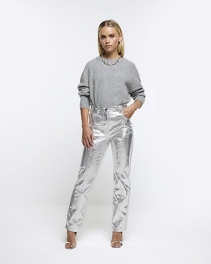 Petite silver metallic straight leg trousers