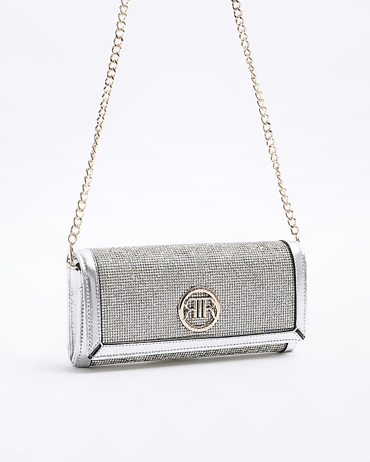 Silver diamante chain strap purse