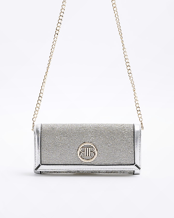 Silver diamante chain strap purse