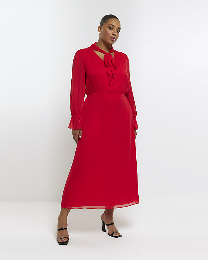 Plus red chiffon tie front swing midi dress