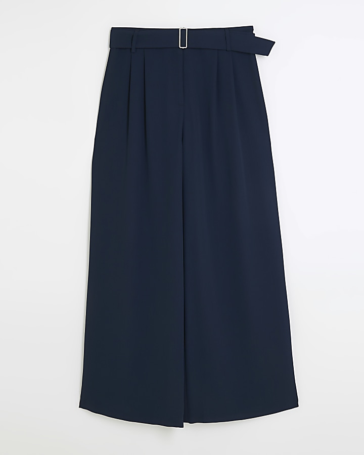 Navy belted wide leg trousers