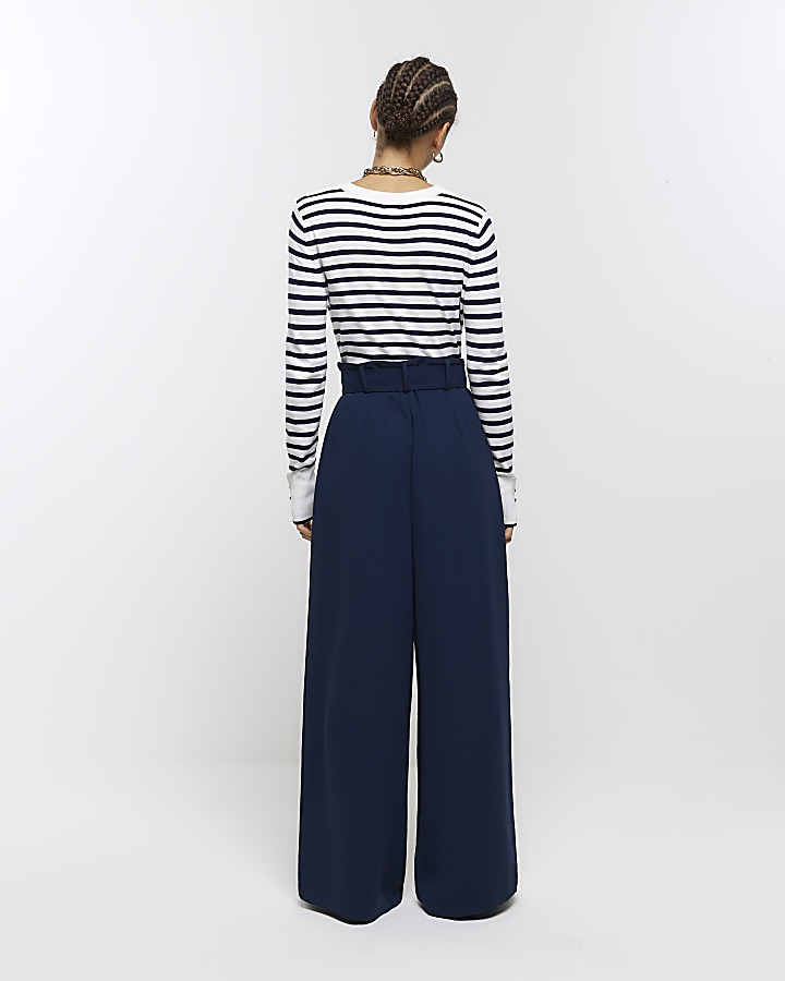 Navy belted wide leg trousers