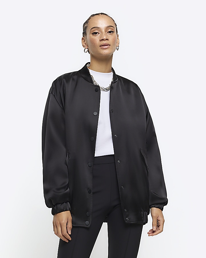 Black satin oversized bomber jacket