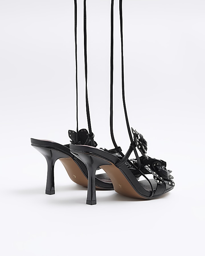 Black flower detail heeled sandals