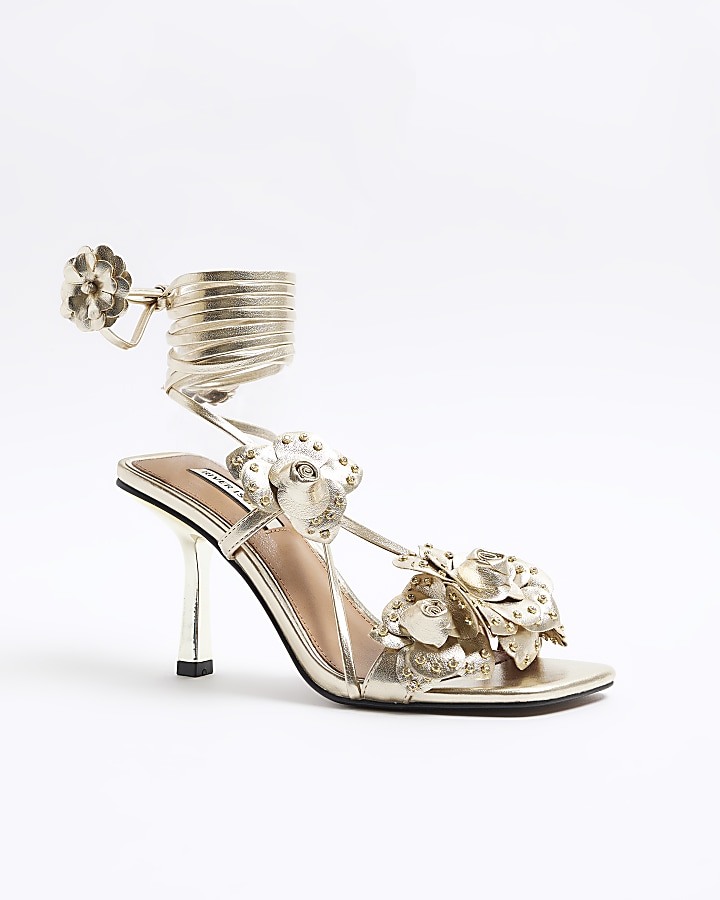 Gold flower detail heeled sandals