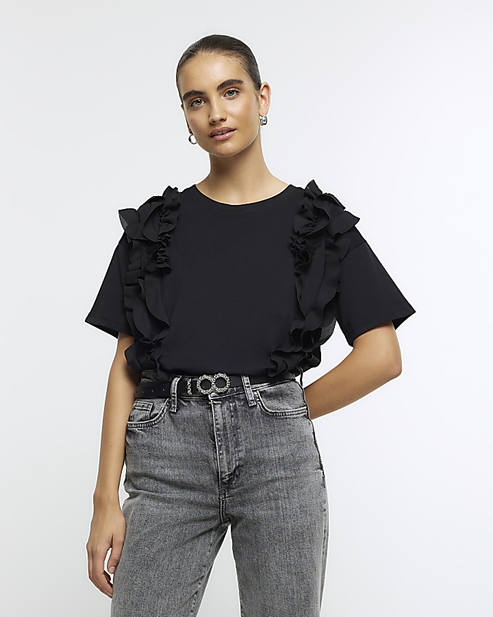 Black frill t-shirt | River Island