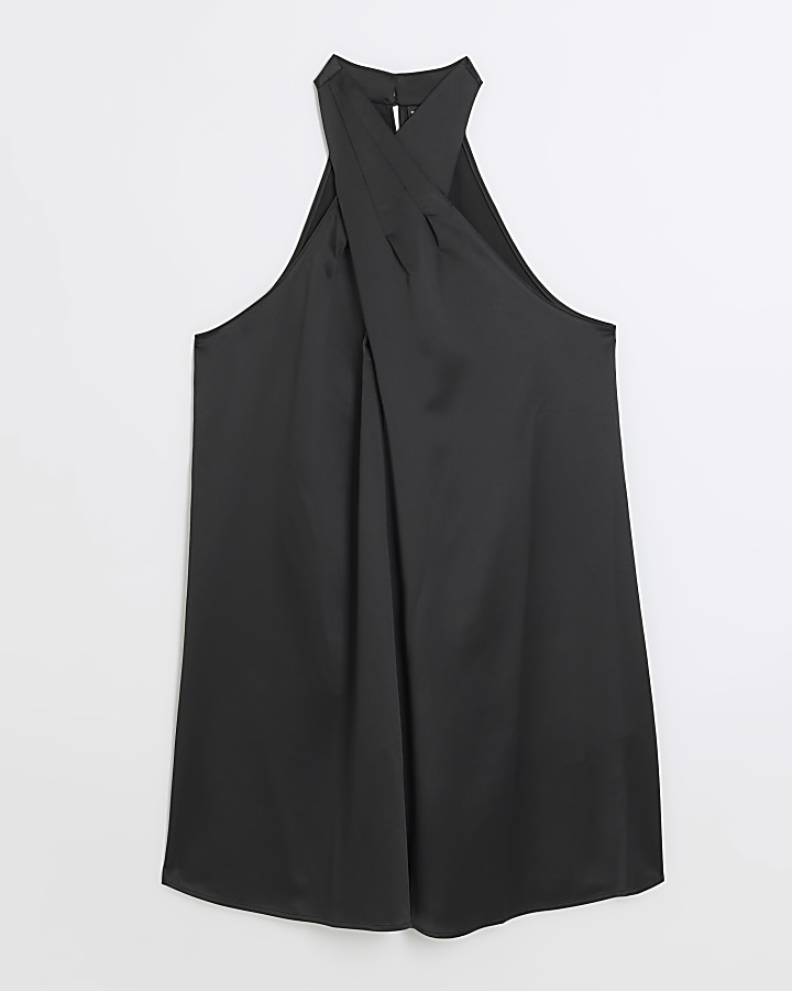 Black satin halter neck slip mini dress