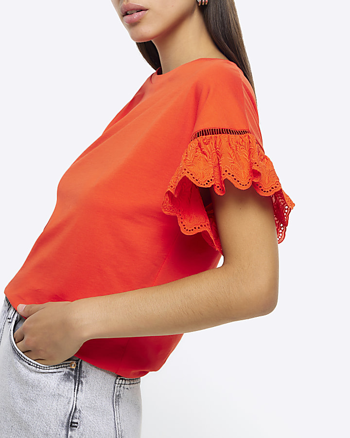 Red broderie sleeve t-shirt