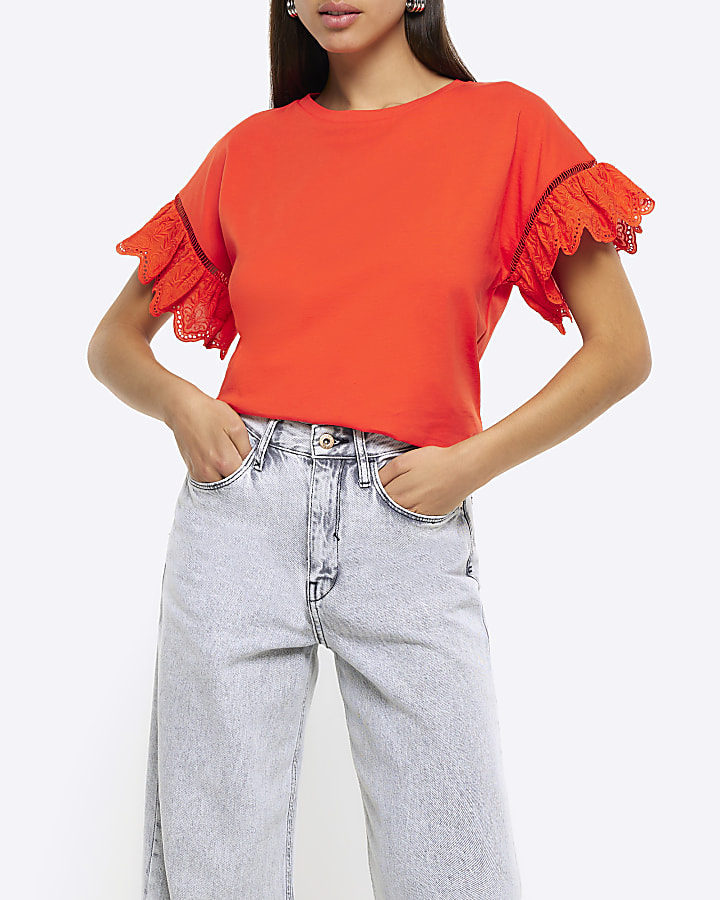 Red broderie sleeve t-shirt