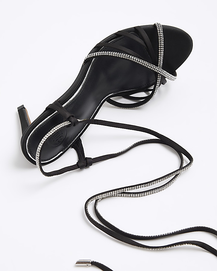 Black diamante tie up heeled sandals River Island