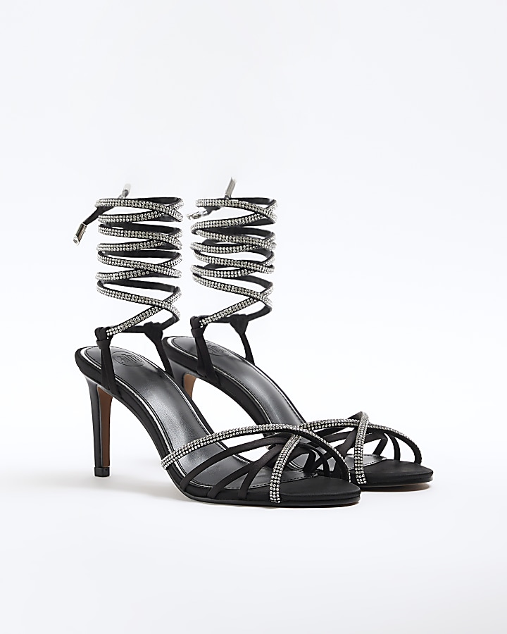 Black diamante tie up heeled sandals