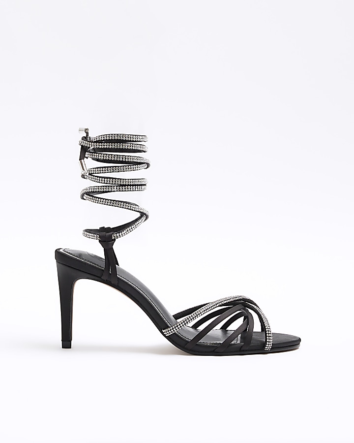 Black diamante tie up heeled sandals