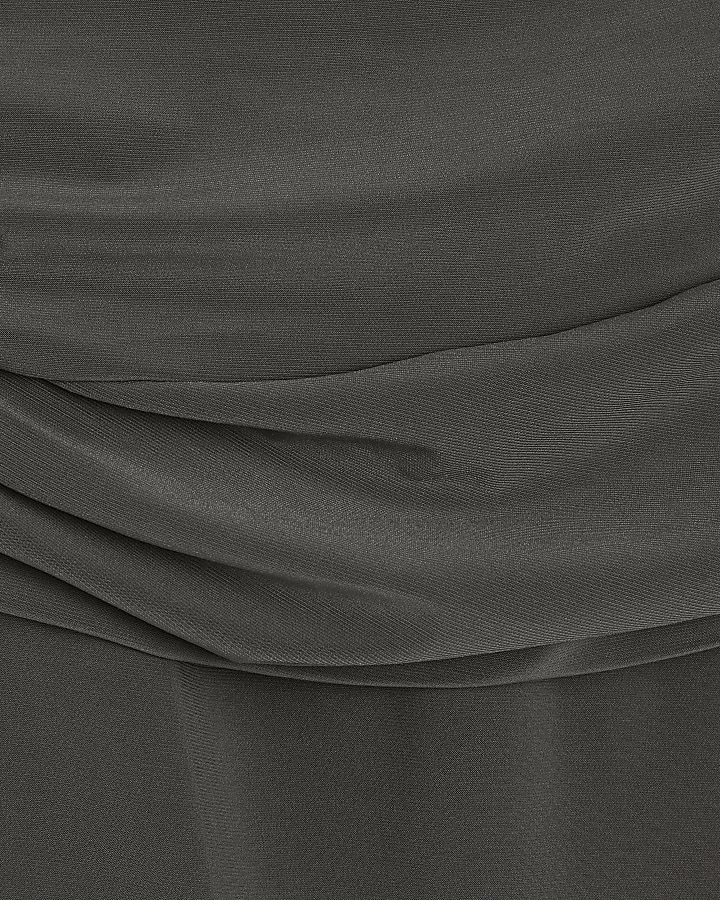Petite khaki ruched asymmetric bodysuit