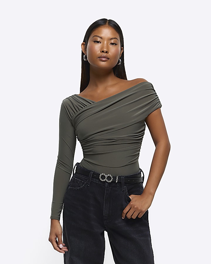 Petite khaki ruched asymmetric bodysuit