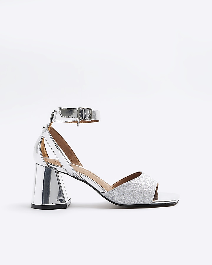 Silver open toe block heeled sandals River Island