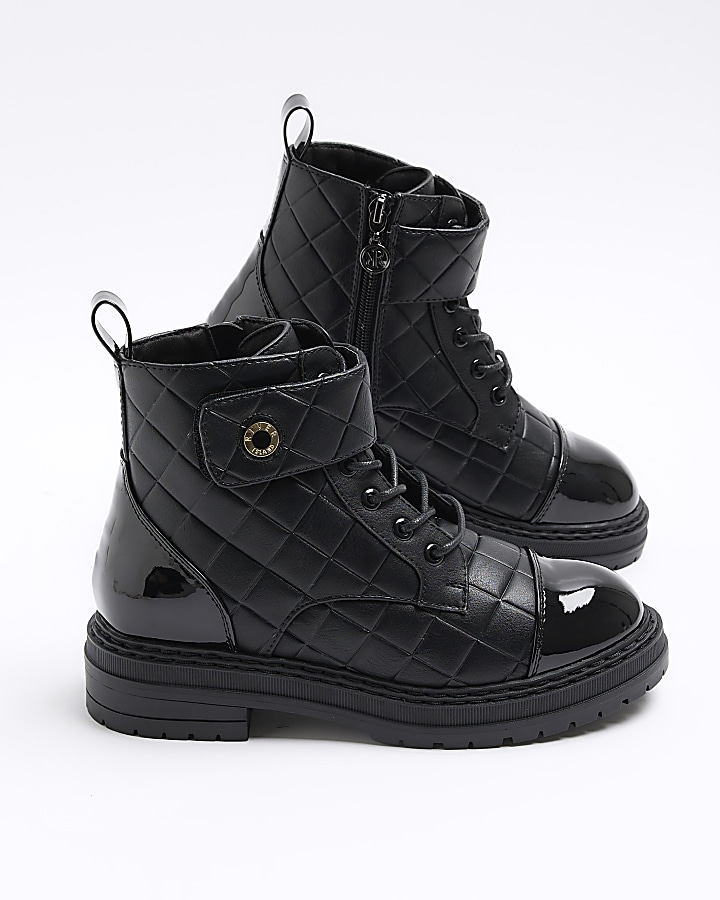 Black quilted lace up boots