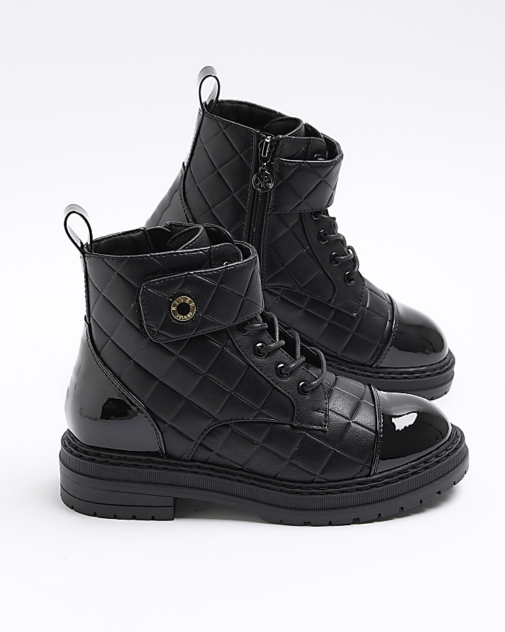 Black quilted lace up boots River Island
