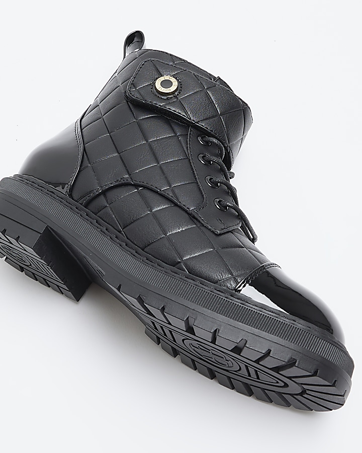 Black quilted lace up boots River Island